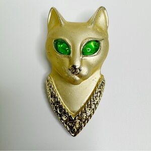 AJC Gold Cat Brooch Egyptian Revival Emerald Green  Rhinestone Eyes Vintage 80’s